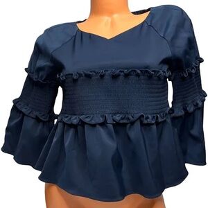 Tibi Navy Blue Stretch Jersey Smocked Detail Bell Sleeve Top XS